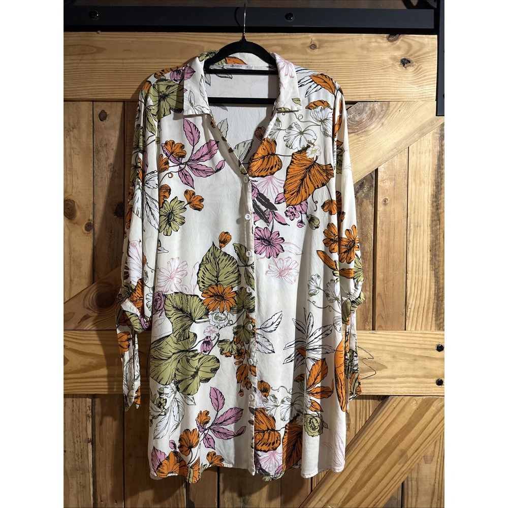 Cupshe Floral Button‑Down Shirt Dress Tropical Summer Resortwear Medium